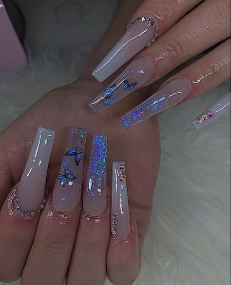 Blue Butterfly Nails, Irridescent Nails, Cinderella Nails, Sparkly Acrylic Nails, Quince Nails, Coffin Nails Ombre, Quinceanera Nails, Butterfly Nail Designs, Blue Glitter Nails