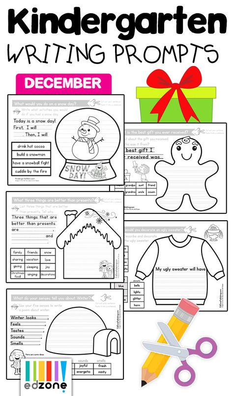 Kindergarten Writing Prompts for December. December Writing Prompts for Kindergarten!  Students LOVE these no-prep, interactive writing prompts for winter.  Each guided-writing prompt provides your student with a word bank and engaging picture prompt.  December Kindergarten Writing Prompts Christmas Writing Craftivity First Grade, Writing Prompts For Kindergarten Free, Winter Writing Prompts First Grade, Christmas Writing First Grade, Winter Writing Activities Kindergarten, Holiday Writing Kindergarten, Christmas Writing For Kindergarten, December Writing Prompts For Kids, Christmas Journal Prompts For Kids