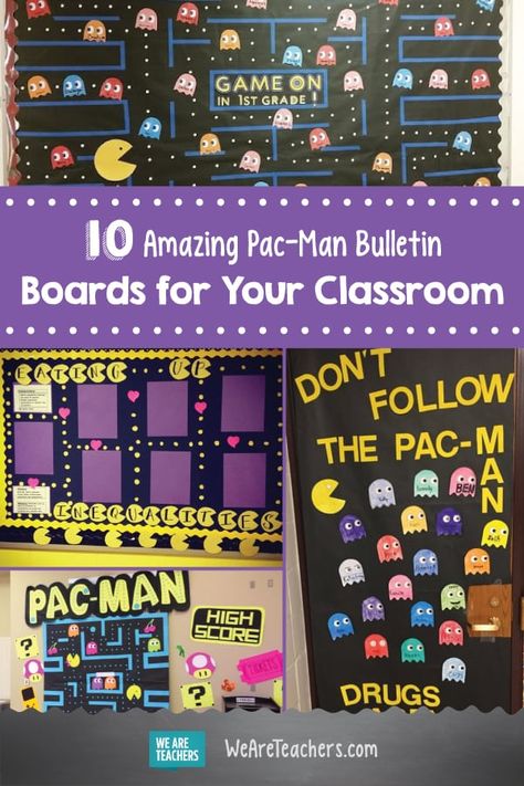 10 Amazing Pac-Man Bulletin Boards for Your Classroom. These bulletin boards are a fun way to bring a fun twist on games to your classroom. #classroom #classroomdecor Donkey Kong Bulletin Board, Gaming Bulletin Board Ideas, Pacman Bulletin Board Ideas, Game Controller Bulletin Board, Level Up Bulletin Board Ideas, Video Game Themed Bulletin Boards, Video Game Bulletin Board, Pac Man Bulletin Board, Pac Man Classroom Theme