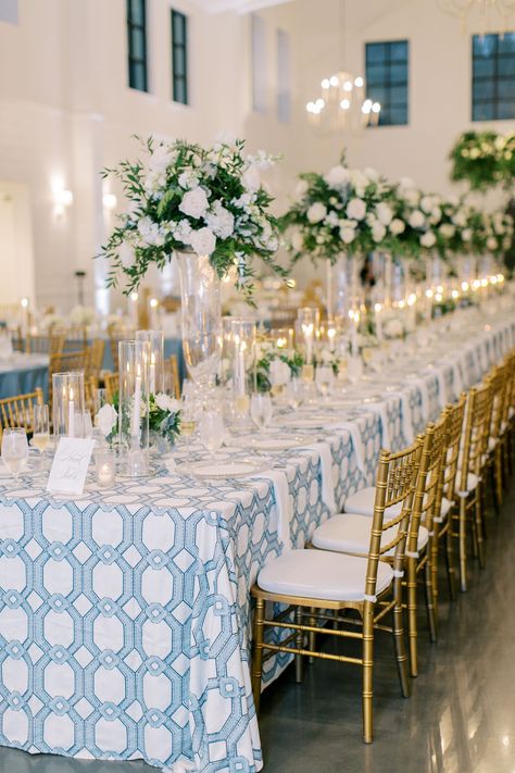 Stradley Davidson, Reception Tablescapes, Wedding Table Linens, Indoor Reception, Blue Themed Wedding, Green Table, Wedding Linens, Printed Linen, Rehearsal Dinner