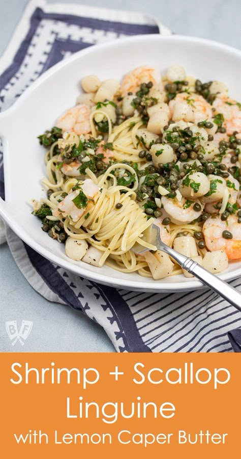 I've made this shrimp and scallop linguine recipe several times now and it's always a huge hit! It's quick and easy enough for a busy weeknight yet elegant enough for entertaining. It works with any size shrimp and scallops and is absolutely delicious! | Shrimp + Scallop Linguine with Lemon Caper Butter | #seafood #pasta #weeknightdinner #quickandeasy #easyrecipes Shrimp Scallop Recipes Healthy, Scallops And Shrimp Recipe Seafood Pasta, Shrimp And Scallop Recipes Pasta Seafood Linguine, Scallop And Shrimp Recipes, Shrimp And Scallop Linguine Recipe, Linguine With Scallops, Shrimp Capers Lemon Pasta, Pasta Recipes Shrimp, Lemon Caper Scallops