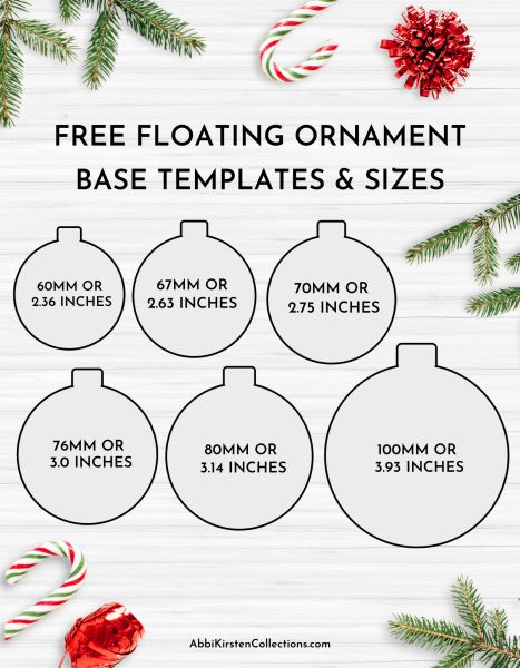 The image shows a floating ornament templates and size guide for Cricut. Text says the templates are free. Floating Ornament Template Svg Free, Christmas Ornament Size Chart, Cricut Floating Ornaments, Free Ornament Svg Files For Cricut, Acrylic Blank Christmas Ornaments, Clear Disk Ornaments Diy, Cricket Ornament Ideas, Cricut Diy Ornaments, Cricut Christmas Ornaments Svg