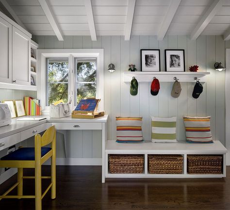 Bright pops of color in the mudroom seem even more attractive thanks to the gray backdrop 10 Versatile Mudrooms that Double as Home Workspaces Indoor Ideas, Desk Layout, Mudroom Design, Bedroom Desk, Kids' Desk, Built In Desk, Mud Room, Desk Design, Design Typography