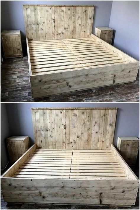 Bedframe Diy, Pallet Bed Frame, Diy Pallet Bed, Rustic Bedroom Furniture, Pallet Beds, Pallet Patio Furniture, Hidden Truth, Pallet Bed, Diy Bed Frame