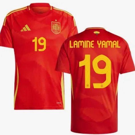 2024 Spain Home Soccer Jersey, Lamine Yamal #19 Size Large Spain Jersey, Custom Football Shirts, Spain Football, Spain Print, World Cup Jerseys, Red And Black Shirt, The Beautiful Game, Jersey Jacket, Custom Football