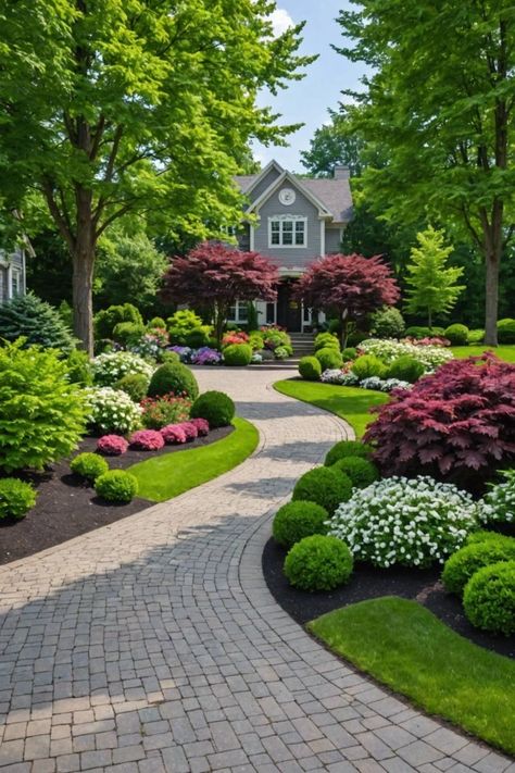 Driveway Plants Ideas, Backyard Flower Garden Ideas Landscaping Pathways, Landscaping Beside Driveway, Beautiful Front Yard Landscaping Ideas, Front Patio Landscaping, Back Of House Landscaping, Driveway Curb Appeal, End Of Driveway Ideas Entrance, Side Yard Landscaping Ideas