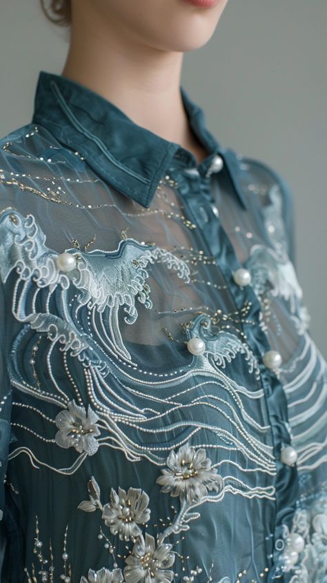 Long sleeved shirt, blue, pearl, silver thread, waves, embroidery, beaded, minimalist --v 6  --stylize 250 --style raw Embroidery Beads Designs, Waves Embroidery, Ocean Embroidery, Wave Embroidery, Wave Dress, Embroidery Beaded, Beaded Shirt, Pearl Embroidery, Fabric Embellishment