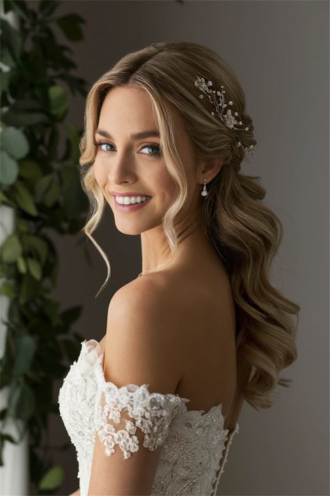 This stunning bridal half up half down hair design creates a harmonious blend of elegance and romance. The intricate twists and soft waves beautifully frame the face while allowing long locks to cascade down, perfect for any bride. Ideal for showcasing delicate hair accessories, this hairstyle enhances the overall bridal look with timeless grace. Discover how to make your special day unforgettable! Wedding Hairstyles Half Up Half Down With Headpiece, Waved Bridal Hair, Natural Bridal Hairstyles For Long Hair, Bridal Hair With Jewels, Face Framing Hairstyles Wedding, Bride Hair Styles Half Up Half Down, Down Wedding Hairstyles With Headpiece, Bridal Hair Timeless, Volumous Bridal Hair