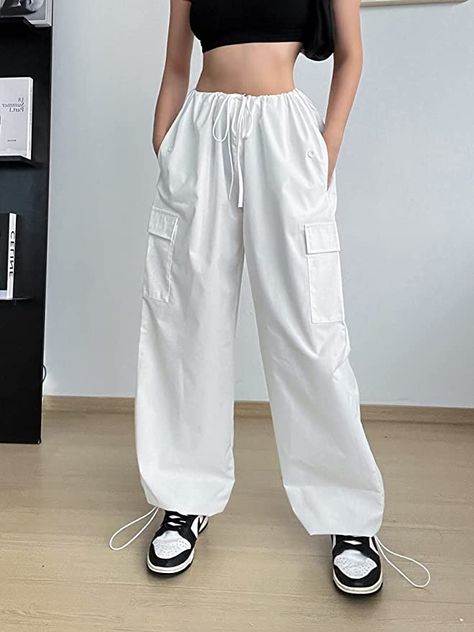 NHCDFA Parachute Pants for Women, Cargo Pants Women Baggy, Y2K Low Waist Wide Leg Baggy Relaxed Jogger Pants Off White 1 S Cargo Parachute Pants, High Waisted Cargo Pants, Black Korean, Pantalon Large, Cargo Pants Women, Type Of Pants, Streetwear Outfit, American Women, Corset Top