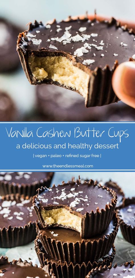 SAVE FOR LATER! | Vanilla Cashew Butter Cups for the big-time healthy dessert win! This delicious spin-off of peanut butter cups are as decadent as the original but filled with only 5 ingredients and they're all good for you. | vegan   paleo   refined sugar-free | #theendlessmeal #cashewbuttercups #peanutbuttercups #almondbuttercups #cashewbutter #paleo #vegan #refinedsugarfree #dessert #snack #healthydessert #vegandessert #paleodessert Cashew Butter Recipe Desserts, Cashew Butter Cups, Cashew Butter Dessert, Recipes With Cashew Butter, Cashew Desserts, Cashew Butter Recipe, Cashew Recipes, Vegan Candies, Healthy Vegan Desserts