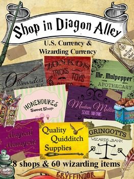 With this 51 page download your students will learn basic money and math skills while having a magical time shopping in Diagon Alley. Comes in both US currency and Wizarding currency. Pages 1-8 Storefront Signs (Gringott's Bank, Olivander's Wand Shop, Mr. Diagon Alley Store Signs, Diagon Alley Printable, Diagon Alley Stores, Diagon Alley Signs Free Printable, Diagon Alley Sign, Olivanders Wand Shop Sign, Gringotts Bank Printable, Diagon Alley Aesthetic, Witch Minecraft