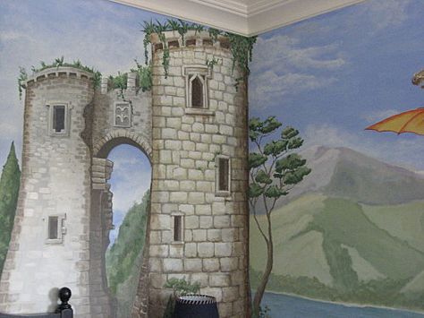 Castle Mural Painting Castle Walls, Class Mural, Dragon Mural, Dragon Room, Castle Mural, Castle Nursery, Play Therapy Room, Fairytale Bedroom, Sunday School Rooms