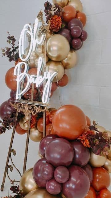 Pink Toes & Hair Bows Fall Balloon Garland With Pink, Fall Colors Balloon Garland, Fall Balloon Arch Ideas, Fall Balloon Columns, Easel Balloon Garland, Easel Decoration Ideas, Thanksgiving Balloon Garland, Fall Balloon Garland, Thanksgiving Balloons