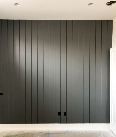 Charcoal Vertical Shiplap, Kitty Grey Benjamin Moore, Charcoal Accent Wall, Painted Shiplap, Binder Storage, Painting Shiplap, Flex Space, Front Entryway, Paint Black