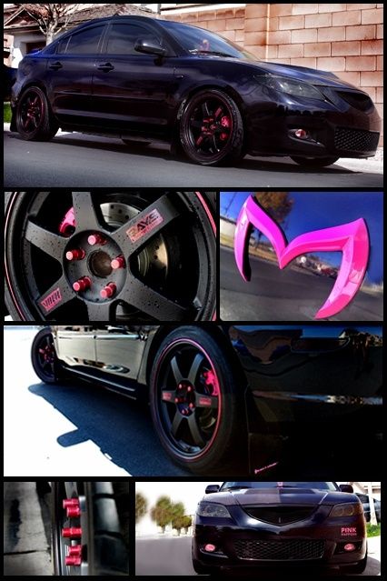 Black Car With Pink Accents, Car Tuning Ideas, Pink Mazda, Mazda 3 Accessories, Mazda Accessories, Mazda 3 Sedan, Mazda Rx8, Mazda 3 Hatchback, Pink Rims