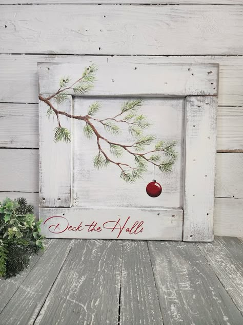 Christmas Pine Branches With Red Ornament Hand Painted on - Etsy Painted Pallet, Christ Centered Christmas, Christmas Rustic, Boho Crafts Diy, Barn Wood Crafts, Pine Branches, Cowboy Christmas, Weathered White, Christmas Signs Wood