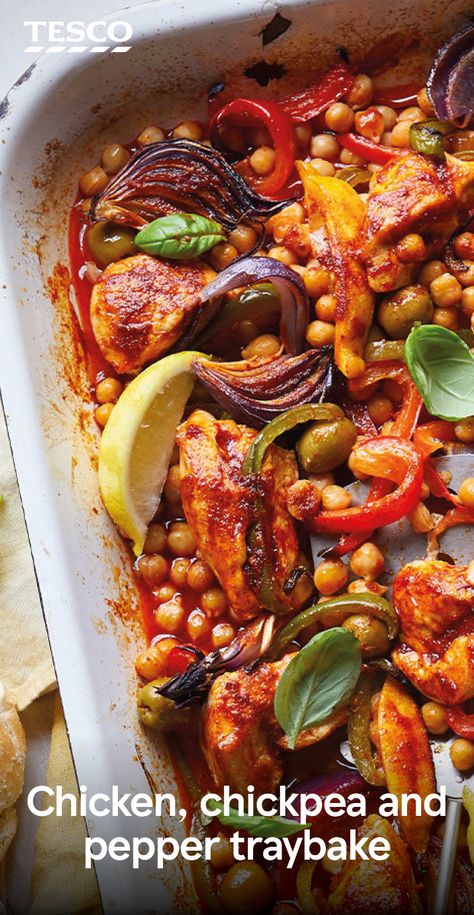 Liven up your dinner routine with this simple chicken traybake. Paired with colourful peppers and healthy chickpeas, this recipe is a true taste sensation. | Tesco Midweek Dinner Recipes, Healthy Recipes Uk, Traybakes Savoury, Easy Traybake Recipes Dinner, Savoury Traybake Recipes, Healthy November Recipes, Chicken Traybake Recipes Dinner, Chicken Traybake, Traybake Recipes Dinner