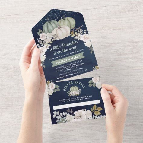 Sage Green Pumpkin White Floral Navy Baby Shower All In One Invitation Navy Baby Showers, Dusty Peach, Floral Pumpkin, Navy Wedding Invitations, Elegant Baby Shower, Watercolor Bouquet, Green Pumpkin, Rsvp Postcard, Navy Baby