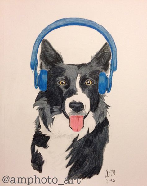 Border Collie with Headphones Color Pencil Drawing Color Pencil Drawing, Color Pencil, Pencil Drawing, Border Collie, Medium Art, Pencil Drawings, Nature Art, Colored Pencils, Cow