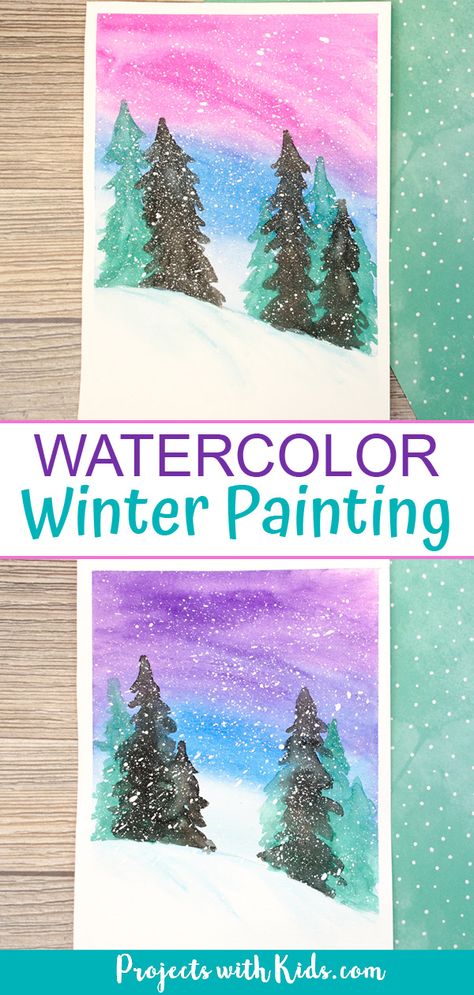 This simple winter watercolor art project is stunning and a great painting idea for older kids and tweens! A fun winter project with an easy to follow tutorial. #projectswithkids #winterart #kidsart #watercolorpainting Winter Art For Kids, January Art, Winter Art Lesson, Christmas Art Projects, Winter Art Projects, 4th Grade Art, Winter Watercolor, Winter Project, Winter Crafts For Kids