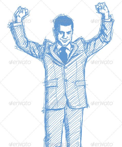 Sketch Businessman with Hands Up People Celebrating Drawing, Happy Man Drawing, Celebrating Drawing, Excited Expression, Happy Businessman, 3d Pencil Drawings, Idea Illustration, Comics Style, Cheesy Quotes