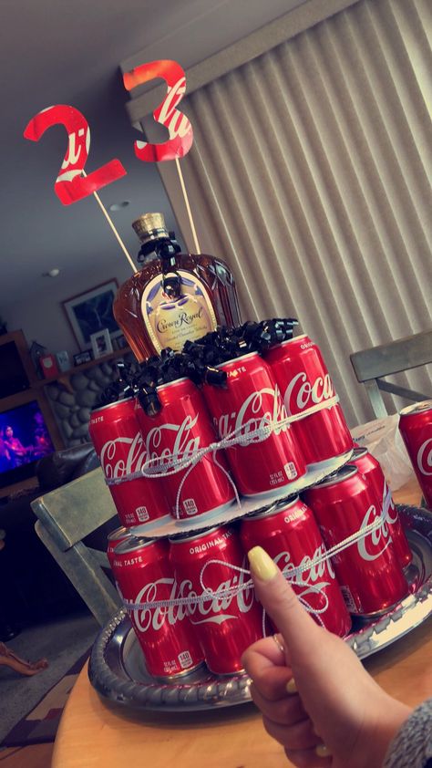 alcohol cake for birthday! crown and coke #whiskey #bourbon #cocacola 21st, 22st, 23rd cake Crown And Coke, Diy Birthday Crown, Selamat Hari Valentine, Cake For Birthday, Alcohol Cake, Soda Cake, Liquor Gifts, Cake In A Can, Birthday Cake For Husband