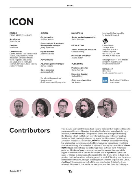 Contributors page ICON magazine Credits Page Magazine, Magazine Contributors Page, Contributors Page Magazine Layout, Contributors Page Magazine, Editor's Note Magazine, Contributors Page, Digital Magazine Design, Contents Page Design, Page Icon