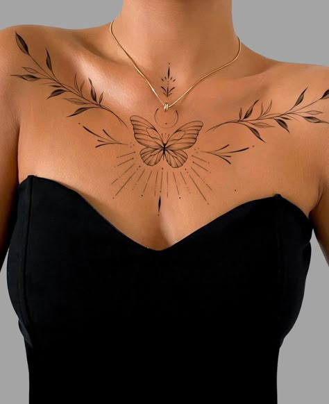 Playful Tattoos, Chest Tattoo Designs Female, Chest Neck Tattoo, Collar Tattoo, Neck Tattoo Ideas, Small Chest Tattoos, Necklace Tattoo, Anklet Tattoos, Chest Tattoos For Women