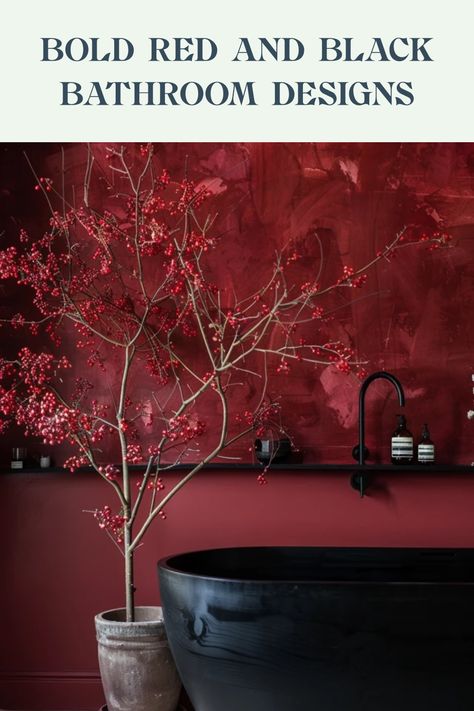 A stylish bathroom featuring striking red and black elements, showcasing bold renovations perfect for those eye-catching interiors. This pin includes one inspiring image that captures the essence of modern luxury in decorating your bathroom. Dark Red Bathroom Aesthetic, Red And Black Bathroom, Red Tile Bathroom, Rose Bathroom, Black Bathroom Ideas, Sponge Paint, Bathroom Design Black, Patterned Tiles, Red Tiles