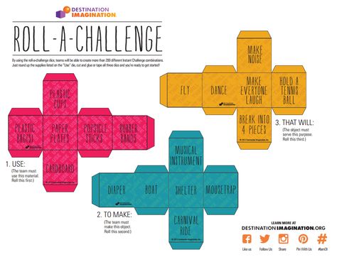 Roll-A-Challenge! By using the roll-a-challenge dice, teams will be able to create more than 200 different Instant Challenge combinations.  Just round up the supplies listed on the “Use” die, cut and glue or tape all three dice and you’re ready to get started! Steam Activities For Kids, Destination Imagination, Mathematics Activities, Stem Lab, Team Activities, Visual And Performing Arts, Steam Activities, Fun Summer Activities, Stem For Kids