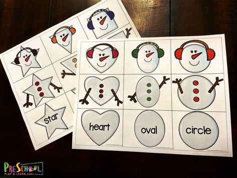 free snowman printable activity to teach preschoolers and kindergartners common shapes Winter Themed Math Activities, Snowman Printables, Snowman Shapes, Winter Centers, Errorless Learning, January Preschool, Shape Sorting Activities, Snowman Printable, Puzzle Printable