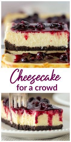 The best and creamiest cheesecake ever! With a chocolate crust and berry topping. Make it in a rectangular pan and feed a crowd. #cheesecake #cookiecrust #berry #topping #dessert Cheesecake For A Crowd, Easy Baked Cheesecake, People Baking, Creamiest Cheesecake, Berry Topping, Baking Holiday, Baked Cheesecake, Chocolate Crust, Baked Cheesecake Recipe