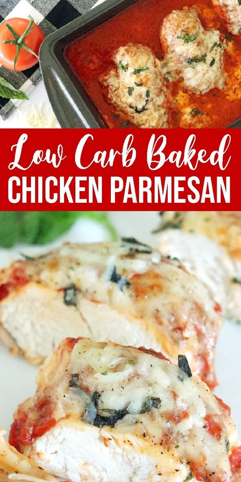 Low Carb Chicken Parmesan is an easy and satisfying weeknight meal. Chicken parmesan in the oven is a super simple way to get the meal you know and love. #chicken #parmesan #lowcarb #baked #easy #oven #chicken #breast #sugarfree #mozzarella Healthy Baked Chicken Parmesan, Oven Chicken Breast, Entre Recipes, Chicken Parmesan Recipe Easy, Chicken Parmesan Recipe Baked, Low Carb Chicken Parmesan, Oven Baked Chicken Parmesan, Healthy Chicken Parmesan, Healthy Baked Chicken