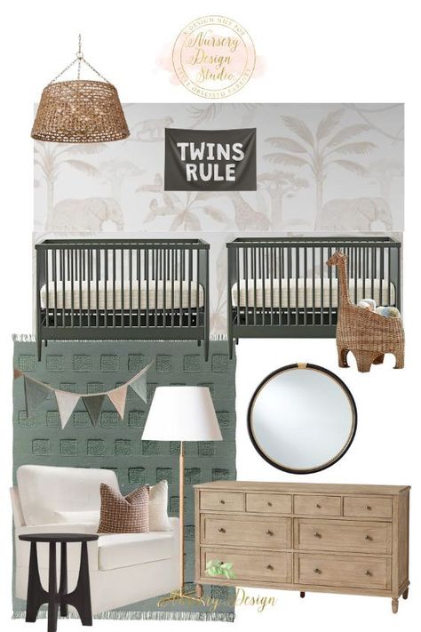 Gorgeous gender-neutral nursery with a safari theme. Twin Nurseries, Twin Nursery Gender Neutral, Nature Inspired Nursery, Nursery Design Board, Nursery Layout, Gender Neutral Decor, Twin Nursery, Baby Room Organization, Baby Room Themes