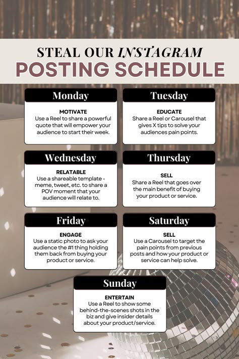 Need help coming up with ideas to post on Instagram this week? STEAL THESE IDEAS! This is our tried and true Instagram Strategy that has proven to filter our leads down the funnel by entertaining, and educating our audience with engaging, motivational, relatable and promotional content. Need more ideas for Instagram this month? JOIN OUR MEMBERSHIP! We give you weekly trending Reels, a fully customizable monthly content calendar, endless Canva templates, a caption vault, etc Posts On Instagram Ideas, Instagram Content Ideas Product Based Business, Instagram Post Schedule Ideas, Relatable Content Ideas, Weekly Posting Ideas, Boutique Content Ideas, Fitness Content Ideas For Instagram, Ideas To Post On Instagram, Monthly Content Calendar