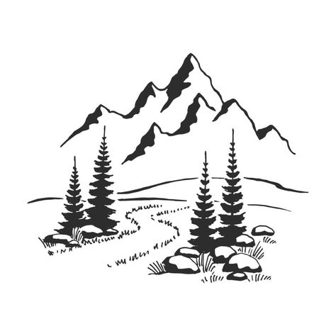 Mountain And Trees Silhouette, Mountain Templates, Deer Stencil, Mountain Drawing, Mountain Illustration, Tree Sketches, Black And White Cartoon, Laser Art, Sketch Style