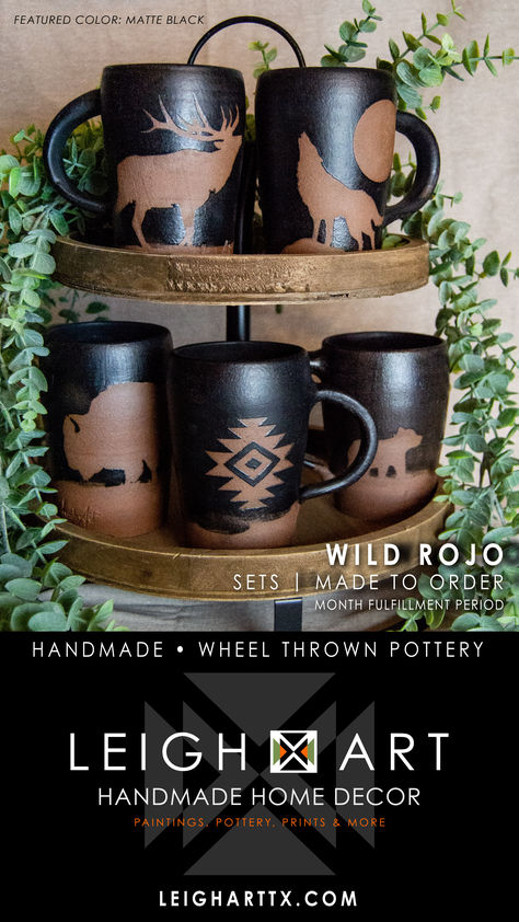 Five Handmade, Wheel-Thrown Mugs Featuring an Elk, Wolf, Bison, Bears, and Aztec Design. All Pottery from Leigh Art is Handmade in Texas. Aztec Mug, Aztec Aesthetic, Aztec Pottery, Kitchen Dishware, Bear Mugs, Thrown Mugs, Fish Lure, Red Dirt, Coffee In The Morning