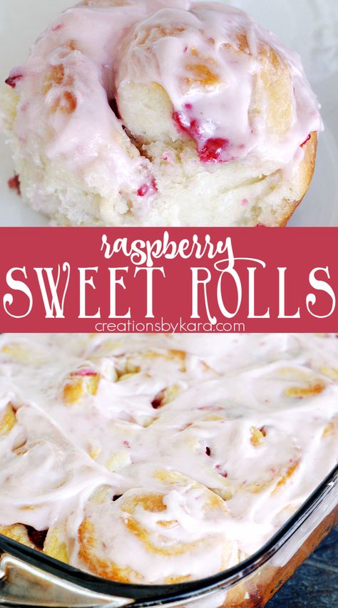 Switch out your classic cinnamon roll for these deliciously yummy raspberry rolls. These sweet rolls are perfect for brunch or as a dessert. Homemade raspberry frosting makes them extra irresistible! #raspberryrolls #sweetrolls #raspberrysweetrolls #raspberryfrosting -Creations by Kara Raspberry Rolls Recipe, Sweet Roll Dough Recipe, Raspberry Rolls, Raspberry Sweet Rolls, Sweet Rolls Recipe, Roll Dough Recipe, Raspberry Frosting, Dessert Homemade, Sweet Roll Recipe