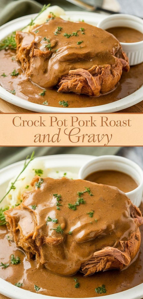 Crock Pot Pork Roast and Gravy: a tender, flavorful meal made effortlessly in your slow cooker! Juicy pork roast cooked to perfection with a savory, rich gravy—comfort food at its best. Crockpot Pork Roast With Gravy, Slow Cooker Pot Roast With Gravy, Pork Roast And Gravy, Pork Roast With Gravy, Roast And Gravy, Crock Pot Pork Roast, Pork Pot Roast, Pork Sirloin Roast, Crockpot Pork Roast