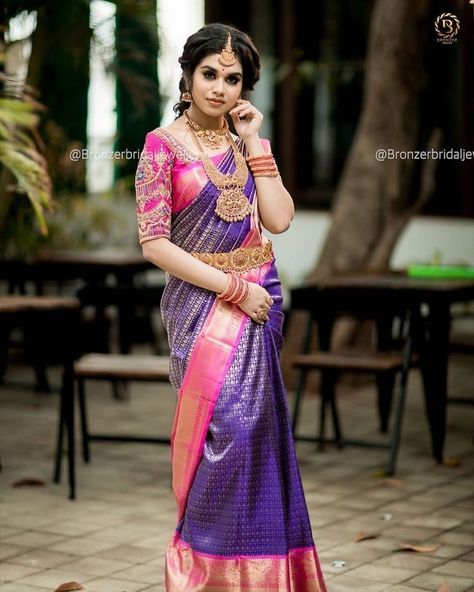 https://youtu.be/-5AVyQJIL54 Violet Bridal Saree, Wedding Saree Photoshoot, Kerala Wedding Saree, South Indian Wedding Hairstyles, Blue Blouse Designs, Latest Silk Sarees, Maggam Work Blouse, Bridal Sarees South Indian, Saree Photos