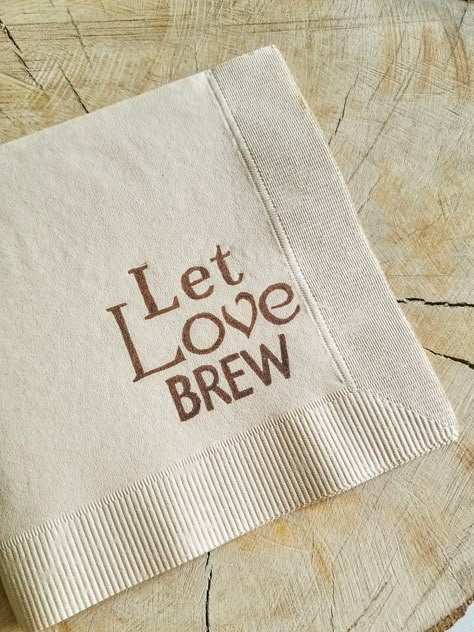 "If you are having a beer or coffee themed wedding these napkins are for you! Hand stamped with the saying \"Let Love Brew\". I use waterproof archival ink that is non-toxic and sure not to smudge when wet. Shown in light burlap cocktail napkins in Coffee ink. I can also do plates and dinner napkins in this design just email me first. ♥ Dinner napkins are available for $23 per 50, and measure 6.5\" square When you order please put the date of your party in the notes" Combined Wedding Shower Ideas, Coffee Cocktail Hour Wedding, Brewery Engagement Party Decorations, Brewery Themed Engagement Party, Brews Before I Dos Decorations, Bridal Shower Ideas Coffee Themed, Grab A Brew They Are Saying I Do, Love Is Brewing, Love Is Brewing Engagement Party