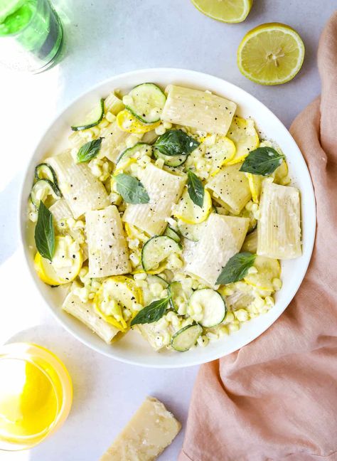 Creamy Summer Squash Pasta - Craving California Season Corn, Summer Squash Pasta, Sautéed Zucchini, Summer Pasta Recipes, Seasoned Corn, Yellow Squash Recipes, Squash Pasta, Sauteed Zucchini, Zucchini Squash