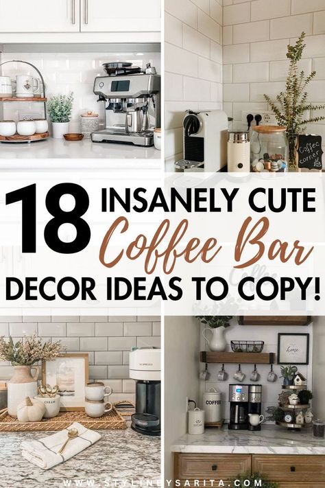 coffee bar decor ideas Coffee Bar Ideas Apartments, Small Coffee Bar Ideas Apartments, Counter Coffee Bar Ideas, Coffee Bar Ideas Diy, Coffee Corner Kitchen, Coffee Bar Decor Ideas, Cute Coffee Bar, Organized Coffee Station, Bar Decor Ideas