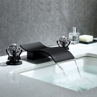 Deck Mount Widespread Waterfall 2 Crystal Handle Bathroom Sink Faucet in Black Bathroom Faucets Black, Bathroom Basin Taps, Bathroom Faucets Waterfall, Interior Design Per La Casa, Crystal Knobs, Bathroom Inspiration Decor, Bathroom Design Luxury, Dream Bathrooms, Dream House Interior