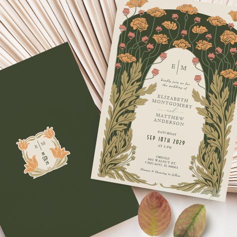 Olive & Orange Wedding Vintage Art Nouveau Floral Invitation Art Nouveau Wedding Invitation, Vintage Floral Wedding Invitations, Vintage Floral Wedding, Olive Green Weddings, Deco Wedding Invitations, Invitations Pink, Nouveau Wedding, Art Deco Invitations, Art Nouveau Weddings