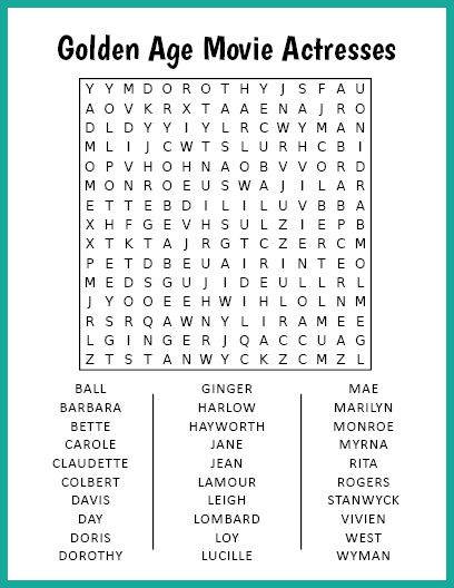 Free Printable Golden Age Movie Actresses Word Search Large Print Word Searches For Seniors Free Printable, Large Print Word Searches For Seniors, Large Print Word Search, Tea Party Activities, Fun Word Search, American Words, Word Search Puzzles Printables, Free Printable Word Searches, Nursing Home Activities