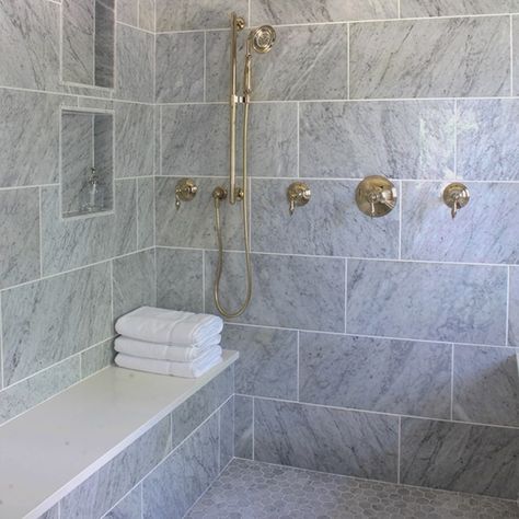 Tips for Natural Stone Tile in the Shower | Daltile Bargain Mansions, Lux House, Gray Floors, Large Shower Tile, Marble Shower Tile, Shower Wall Tile, Silicone Caulk, Stone Shower, Bathroom Luxury