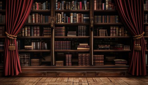 Dark Library Academy with Red Curtain and Old Style Books Dark Library, Inspirational Digital Art, Private Library, Parquet Floor, Vertical Images, Healing Plants, Space Cowboys, Studio Backdrops, Red Curtains