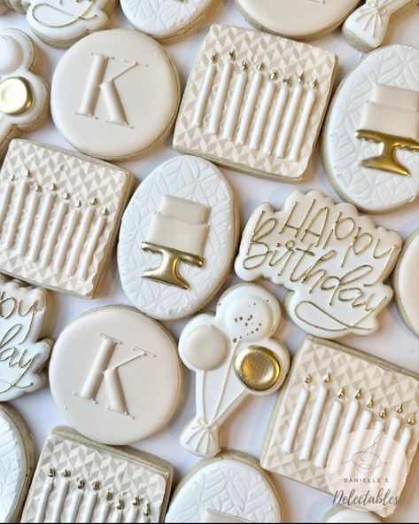 Cookie Designs Ideas Birthday, 24th Birthday Cookies For Her, Elegant Birthday Cookies Royal Icing, Golden Cookies Decorated, Bday Cookies Decorated, 25th Birthday Cookies For Her, Classy Birthday Cookies Decorated, Birthday Cookies For Adults, Birthday Cookie Ideas For Women