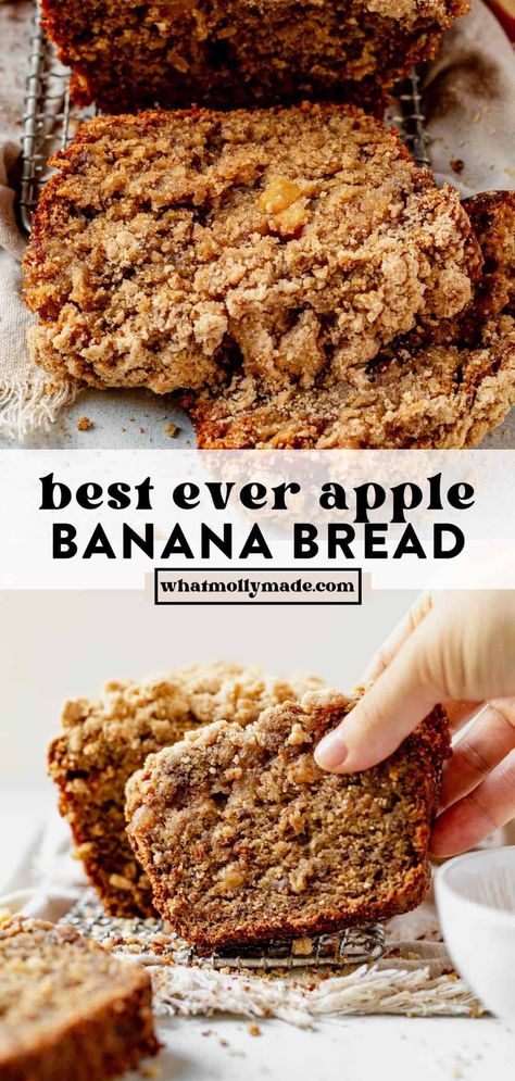 This apple banana bread is full of sweet bananas, diced apples, cinnamon, and a layer of streusel. It's extra moist, easy to make, and will become your new favorite banana bread recipe! Apple Banana Bread Healthy, Banana And Cinnamon Bread, Banana Bread With Apples, Apple Banana Cake Recipe, Apple And Banana Muffins, Banana Bread Streusel, Cinnamon Apple Banana Bread, Banana And Apple Bread, Apple Banana Desserts